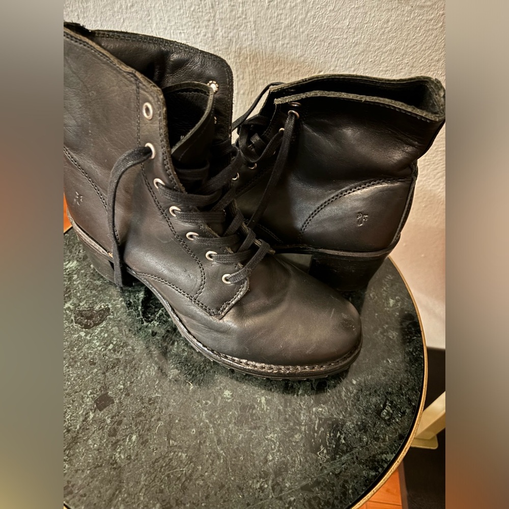 Frye Black Leather Lace Up Boots